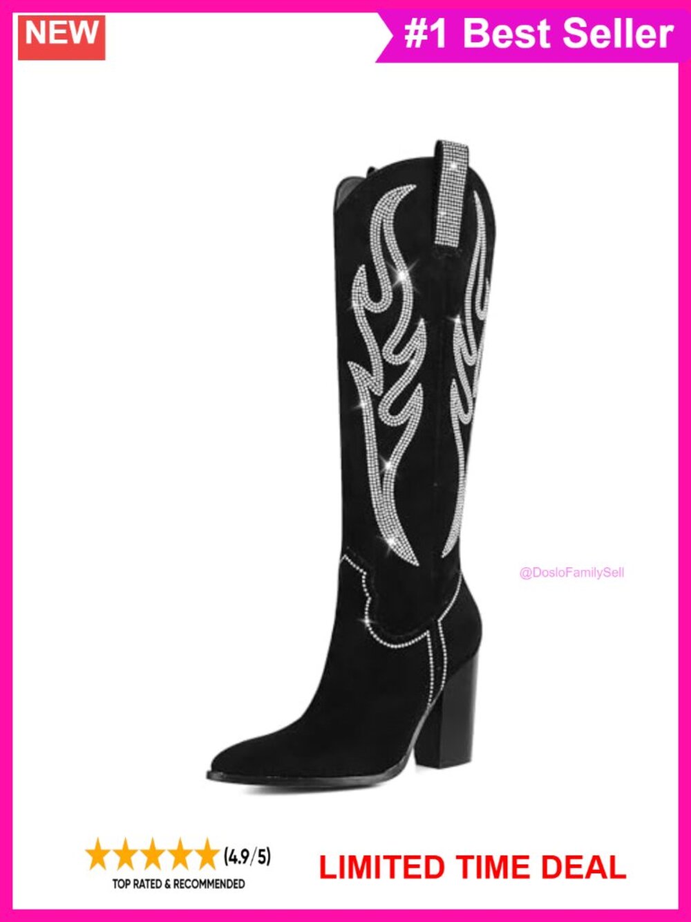 Western Cowgirl Boots Embroidered Rhinestone Chunky Heel Knee-High